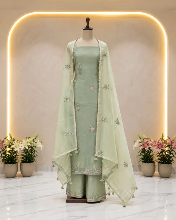 mint-green silk suit